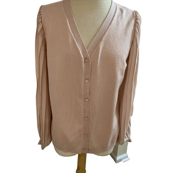 Adrianna Papell Cardigan Sweater Sheer Pleated Sleeves Pearl Blush Sz M Romantic - Picture 1 of 13